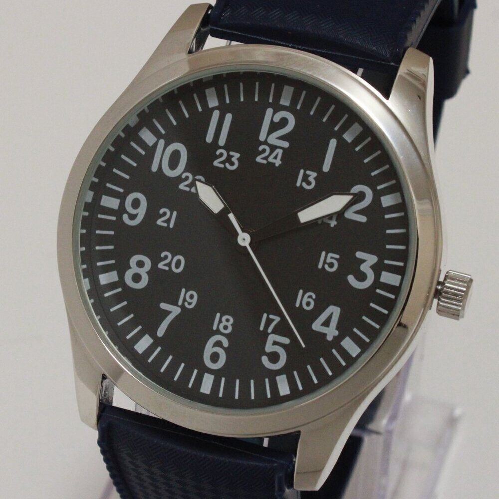 Men's Quartz Field Watch Silver Tone Case Blue Tropical Rubber Strap 42mm - Picture 10 of 12
